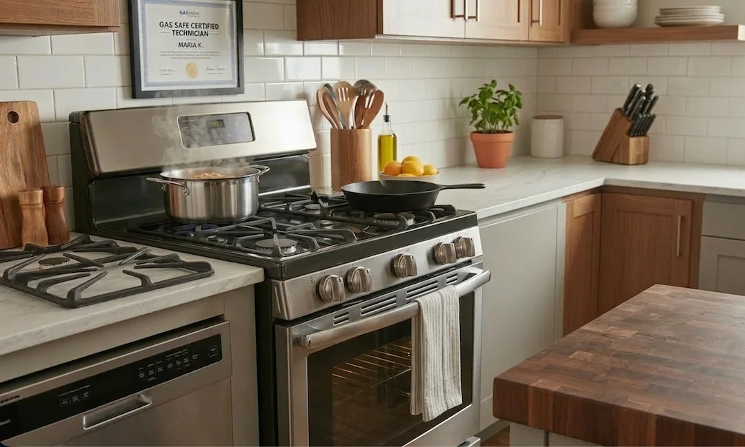 Close up of a modern industrial-style oven range